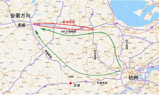 2,往安徽中北部方向:易堵路段主要是g50沪渝高速湖州至安徽宣城段