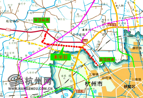 工程示意图(红色虚线为"104国道良渚至古墩路连接线")