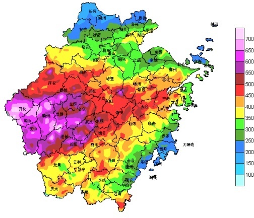 2017年浙江省梅雨量实况(毫米(图片来源:浙江省气象局)